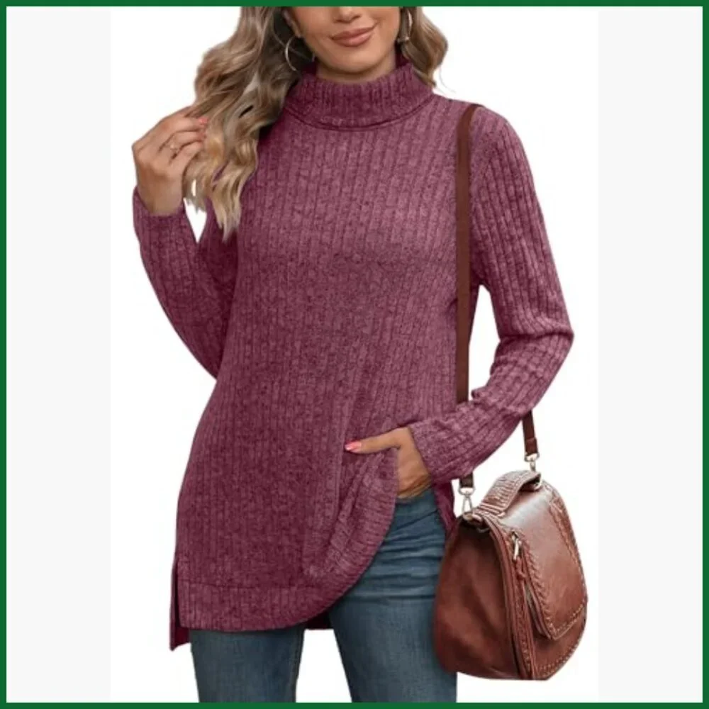 Oversized Turtleneck Tunic Top with Side Split High Low Hemline - Picture 3 of 7